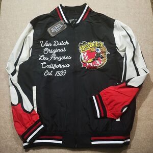 Von Dutch Black, White, and Red Lightweight Varsity Bomber Windbreaker Jacket #G